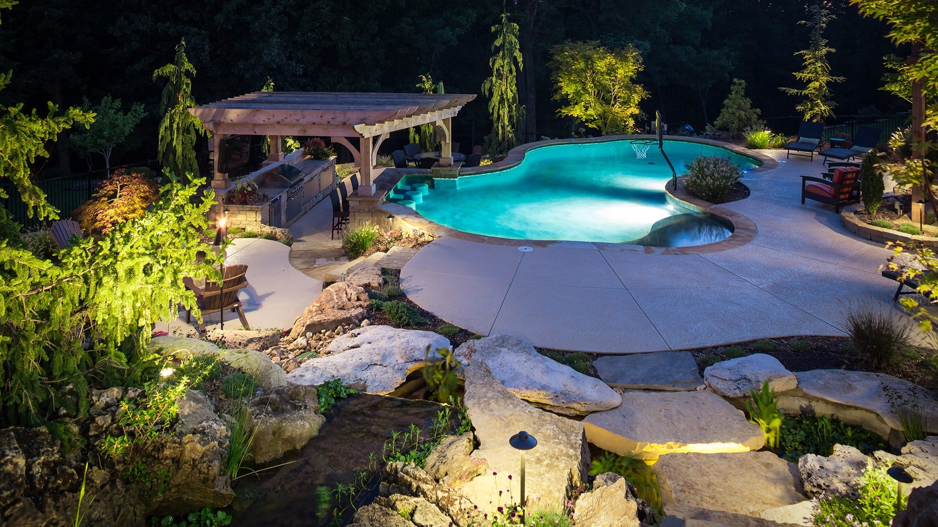 Outdoor living area with pool & lights