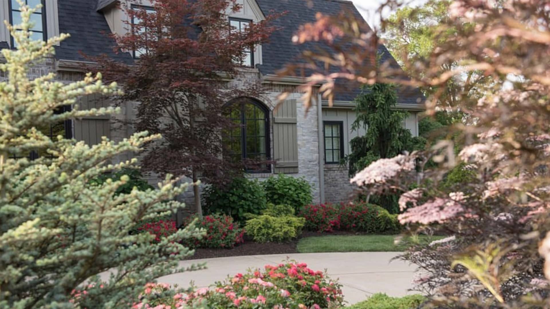 Lush landscape around house